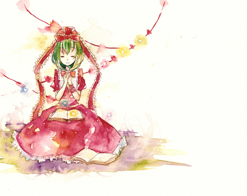 arm_ribbon book bow closed_eyes dress front_ponytail green_hair hair_bow hair_ornament hair_ribbon hands_together highres kagiyama_hina own_hands_together red_dress ribbon shiratsuyu sitting smile solo star touhou traditional_media watercolor_(medium)