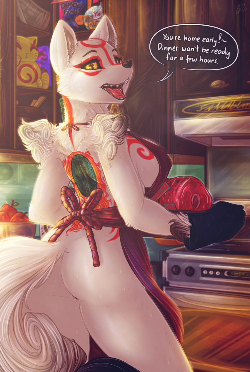 amaterasu anthro apron barely_visible_genitalia barely_visible_pussy butt canine capcom clothing deity dialogue dimwitdog english_text female kitchen looking_at_viewer mammal naked_apron pussy pussy_juice rear_view smile solo speech_bubble text video_games wolf ōkami
