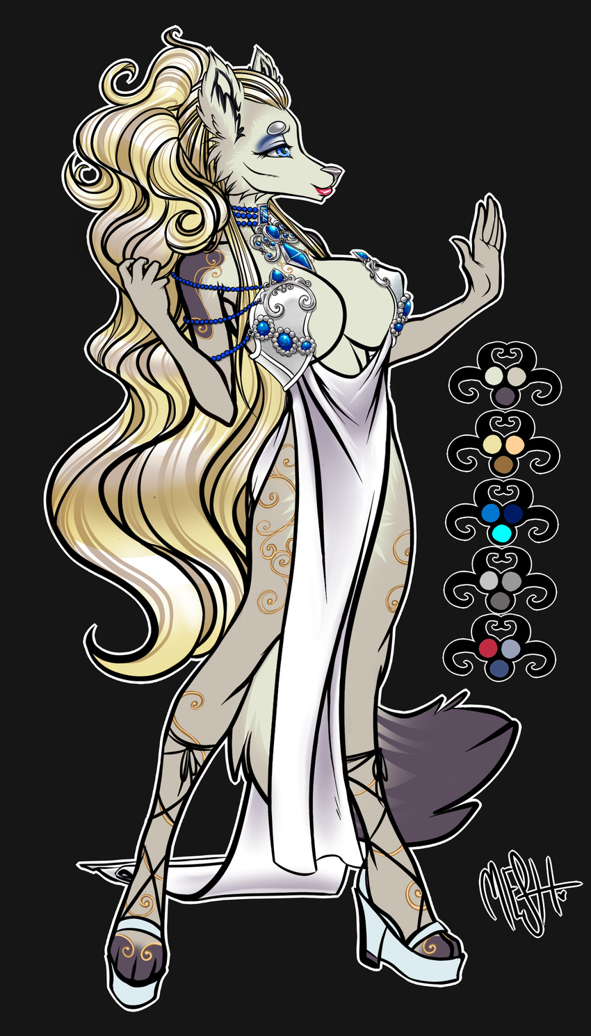 blonde_hair blue_eyes breasts canine cleavage clothed clothing deity dress elaise female goddess hair jewels lipstick makeup mammal meshpet pose silver_fly solo tattoo wolf