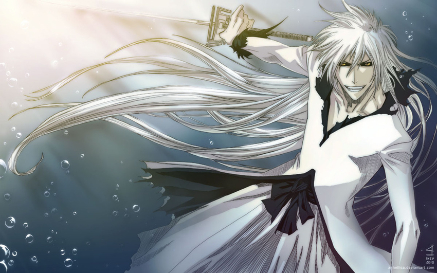 artist_request bankai bleach highres hollow hollow_ichigo japanese_clothes kimono kurosaki_ichigo long_hair male_focus sword tensa_zangetsu_(bankai) underwater vizard water weapon white_hair white_kimono white_skin yellow_eyes zangetsu