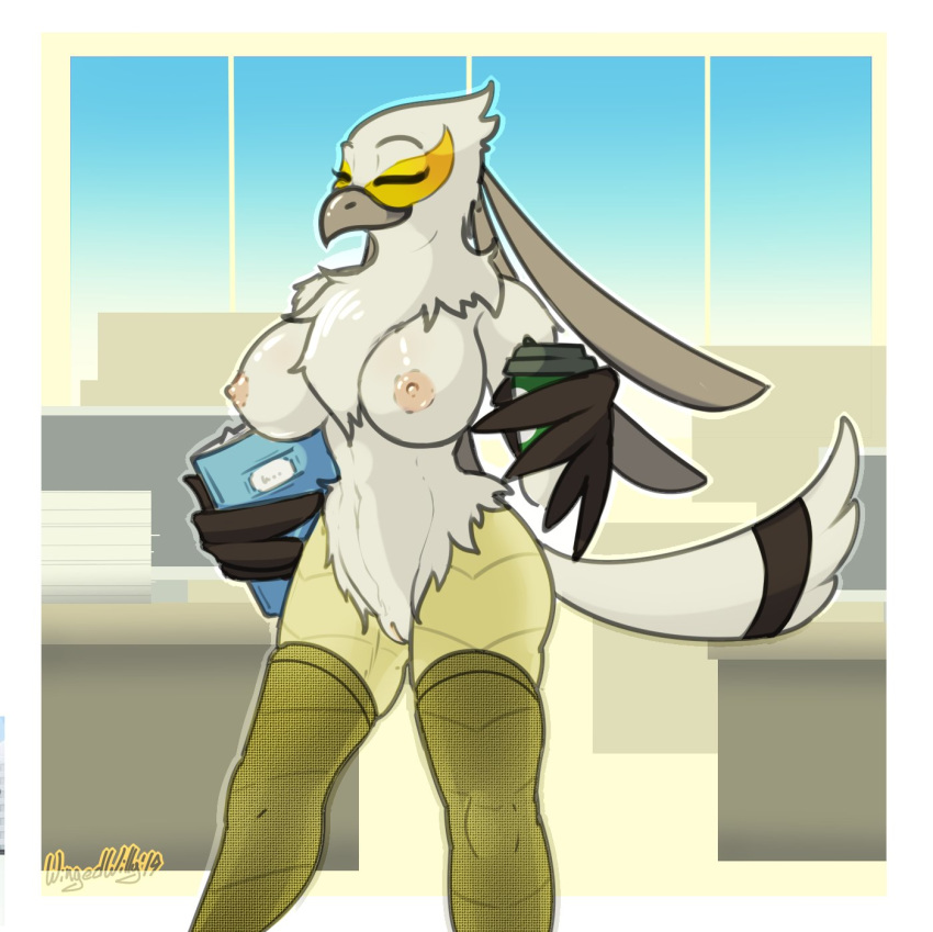 aggressive_retsuko anthro avian beak bird breasts eyes_closed female inside nipples non-mammal_breasts nude pussy sanrio secretary_bird solo standing washimi wingedwilly