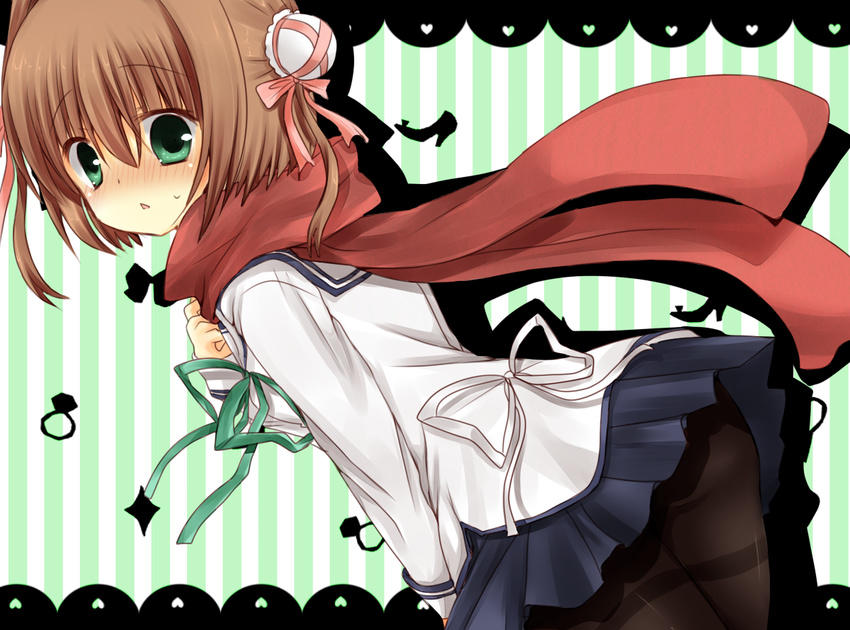 asakura_yume bent_over blush brown_hair da_capo da_capo_ii green_eyes looking_back pantyhose ribbon scarf short_hair skirt solo suzune_rena