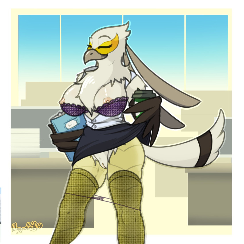 aggressive_retsuko anthro avian beak bird bra breasts clothed clothing eyes_closed female inside nipples non-mammal_breasts panties panties_down pussy sanrio secretary_bird solo standing underwear washimi wingedwilly