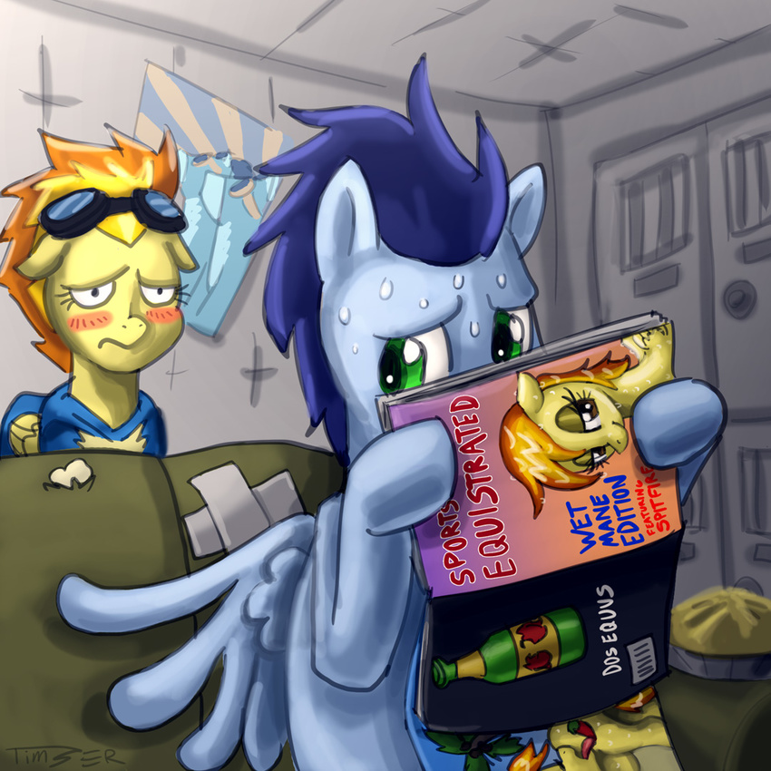 blue_fur blue_hair blush bottle caught clothed clothing cutie_mark duo equine eyewear female feral friendship_is_magic fruit fur goggles green_eyes hair horse inside lockers male mammal my_little_pony paper pegasus pie pluckyninja pony pornography poster soarin_(mlp) spitfire_(mlp) suit sweat two_tone_hair wings wonderbolts_(mlp) yellow_fur