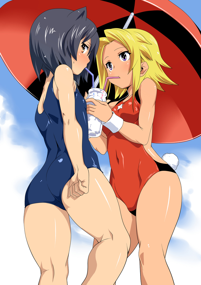 :t absurdres animal_ears arcana_heart arcana_heart_2 arcana_heart_3 ass bad_id bad_pixiv_id black_hair blonde_hair blue_swimsuit blush breasts bunny_tail cat_ears catherine_kyoubashi clenched_hand cloud competition_swimsuit daidouji_kira day drink drinking drinking_straw fake_tail flat_chest flipped_hair from_side highres holding holding_umbrella kneepits legs leotard looking_afar looking_at_viewer looking_back multiple_girls one-piece_swimsuit orange_eyes orochi_itto outdoors parasol purple_eyes red_leotard red_swimsuit school_swimsuit shared_drink shared_umbrella short_hair sky small_breasts standing star star_print sweatdrop swimsuit tail umbrella wide_hips wristband