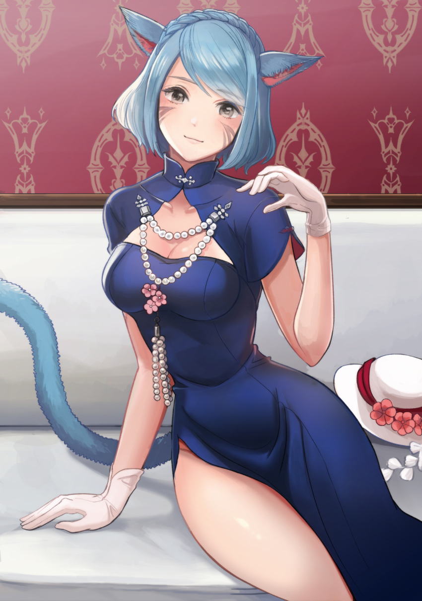 1girl animal_ears bangs black_eyes blue_hair braid breasts cat_ears cat_tail china_dress chinese_clothes cleavage cleavage_cutout collarbone dress facial_mark final_fantasy final_fantasy_xiv gloves hat hat_removed headwear_removed highres indoors looking_at_viewer medium_breasts miqo'te miqo'te moko_(user_vnsh2874) pearl short_hair side_slit sitting smile solo swept_bangs tail white_gloves
