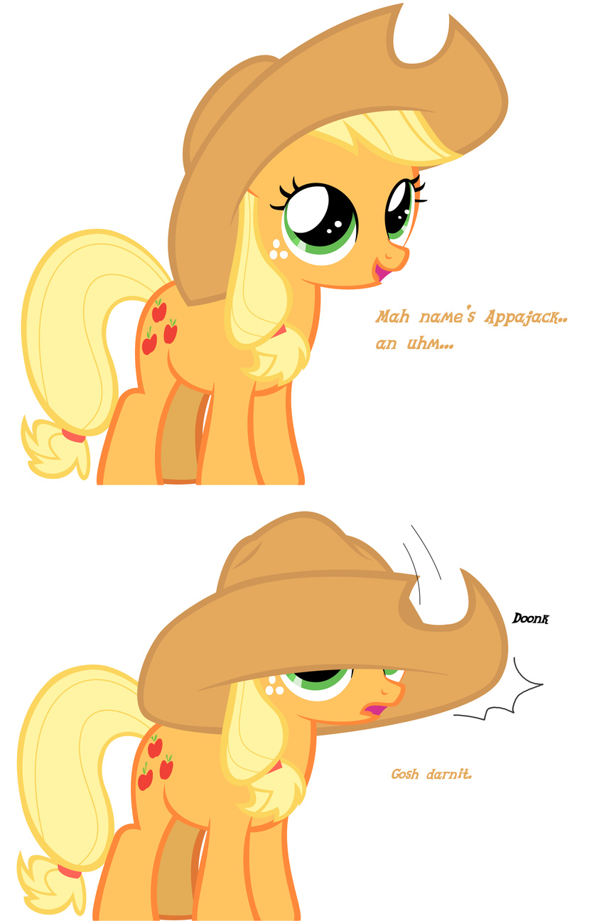 applejack_(mlp) blonde_hair comic cub cutie_mark dialog equine female feral freckles friendship_is_magic fruit green_eyes hair hat horse mammal misterbrony my_little_pony open_mouth orange_body plain_background pony ponytail smile text young