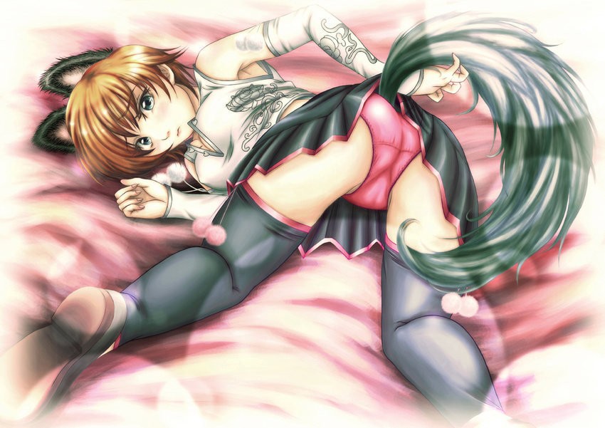 animal_ears ass bad_id bad_pixiv_id bed black_legwear blue_eyes brown_hair cat_ears chinese_clothes detached_sleeves eileen_(virtua_fighter) kemonomimi_mode looking_at_viewer looking_back miniskirt panties pink_panties short_hair skirt soft_focus solo tail tal_yuji thighhighs top-down_bottom-up underwear virtua_fighter virtua_fighter_5 virtua_fighter_5:_final_showdown
