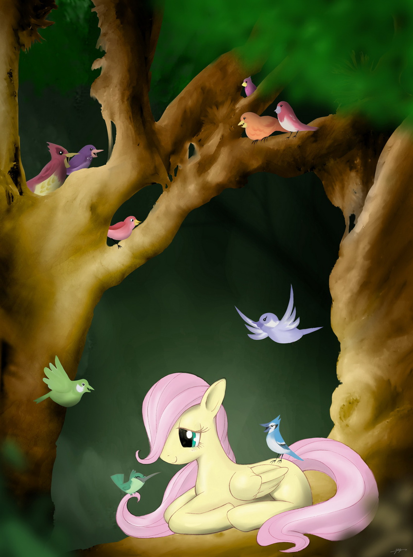 bird blue_eyes corruptionsolid cub equine female feral fluttershy_(mlp) friendship_is_magic fur group hair horse mammal mirapony my_little_pony outside pegasus pony purple_hair smile tree wings wood yellow_fur young