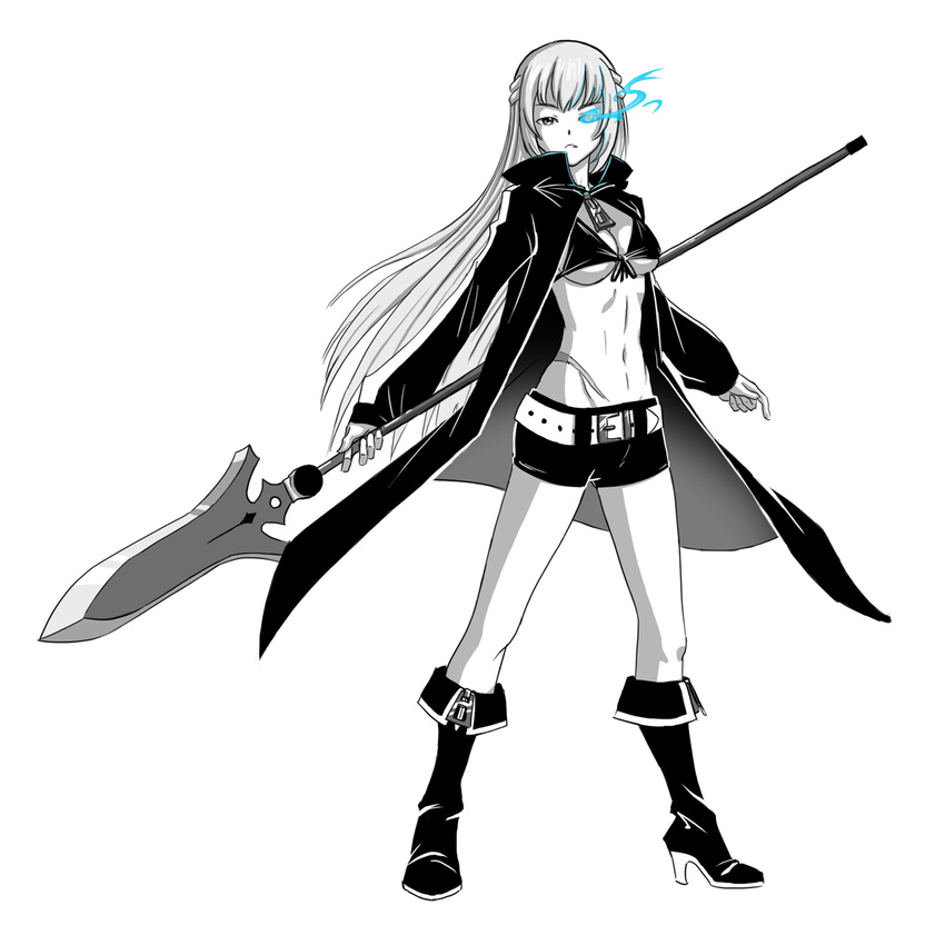 bikini_top black_rock_shooter black_rock_shooter_(character) black_rock_shooter_(character)_(cosplay) blue_fire boots burning_eye cosplay enmouno fire greyscale half_updo highres jacket long_hair monochrome neptune_(series) polearm short_shorts shorts solo spear vert weapon