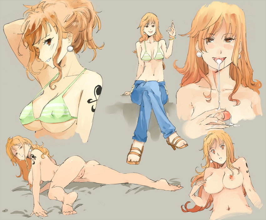 alternate_hairstyle alternative_hairstyle ass barefoot bikini breasts cleavage cum cum_in_mouth cum_on_mouth feet jewelry kenshin187 kentaro1087 legs_crossed long_hair looking_at_viewer lying nami nami_(one_piece) navel nipples nude one_piece orange_hair penis pussy sandals sitting smile swimsuit tattoo toes uncensored