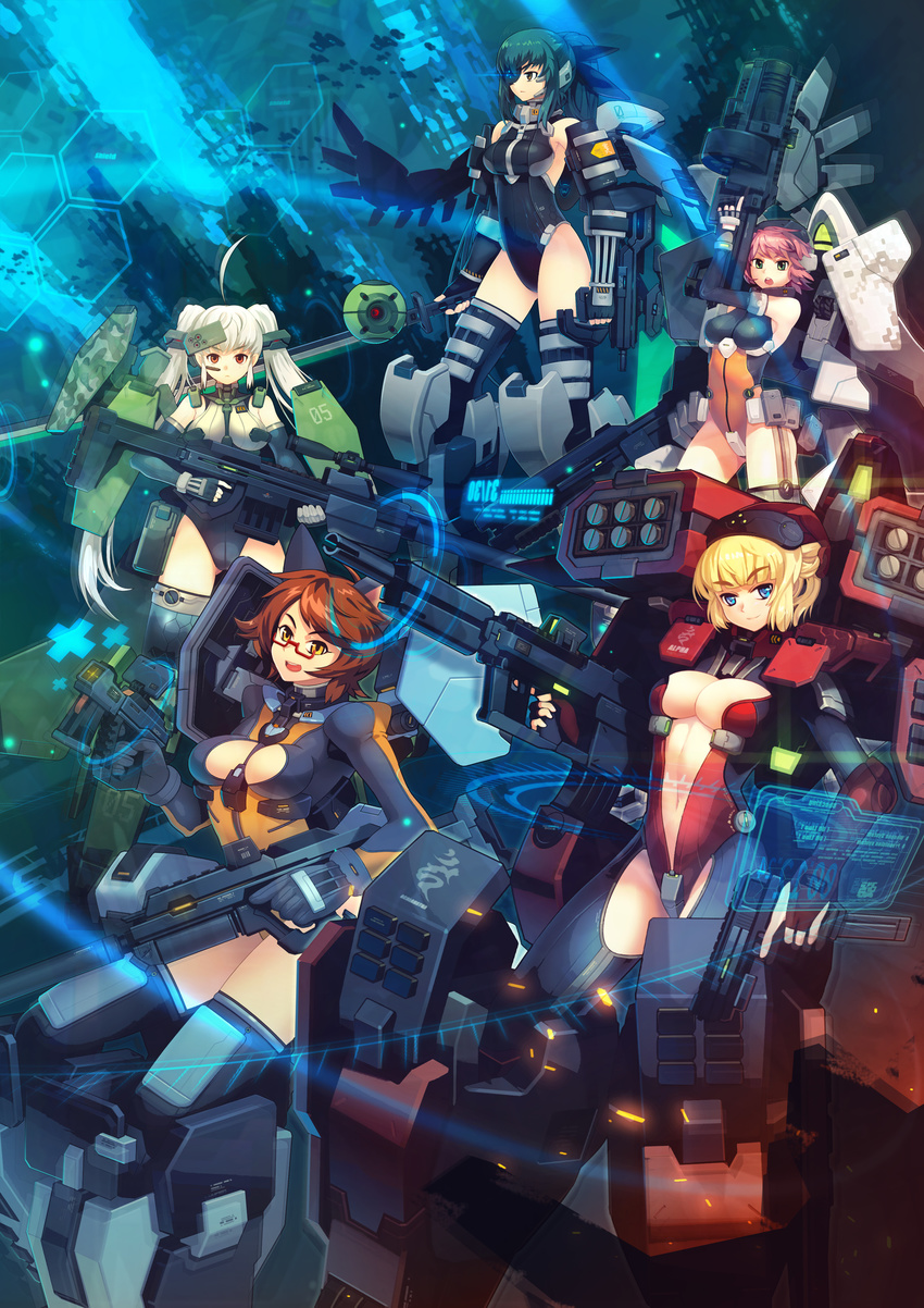 absurdres blonde_hair blue_eyes bodysuit breasts brown_eyes brown_hair copyright_request green_eyes green_hair grenade_launcher gun handgun highres large_breasts mecha_musume miaoye multiple_girls pink_hair pistol ponytail red_eyes rifle short_hair sniper_rifle submachine_gun sword thighhighs twintails weapon white_hair wings