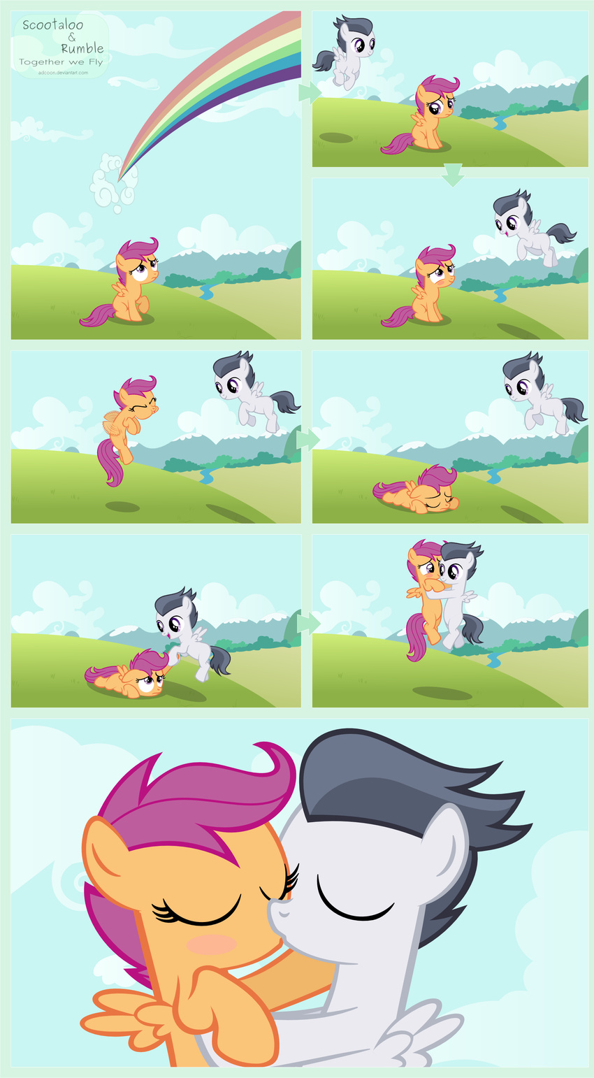 blush cloud clouds comic cub equine eyes_closed female feral flying friendship_is_magic fur grass grey_fur grey_hair hair horse kissing male mammal my_little_pony orange_fur pegasus pony purple_eyes purple_hair rainbow rumble_(mlp) scootaloo_(mlp) sky straight water wings young