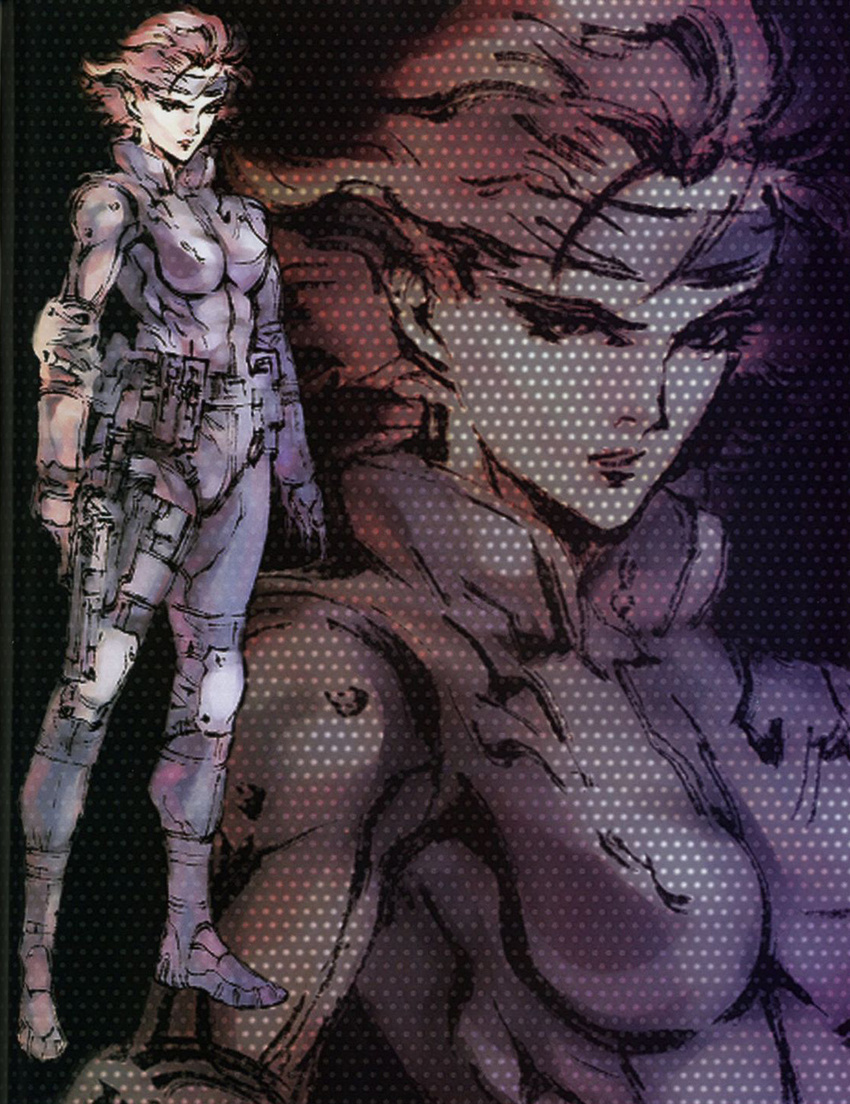 breasts elbow_pads headband highres knee_pads meryl_silverburgh metal_gear_(series) metal_gear_solid official_art red_hair scan shinkawa_youji short_hair sneaking_suit zoom_layer