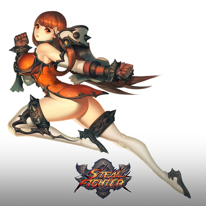 alien1452 ass boots breasts brown_eyes brown_gloves brown_hair character_request copyright_name full_body gloves gradient gradient_background hair_ribbon highres large_breasts long_hair no_panties pauldrons ribbon simple_background solo steal_fighter thigh_boots thighhighs vambraces white_legwear