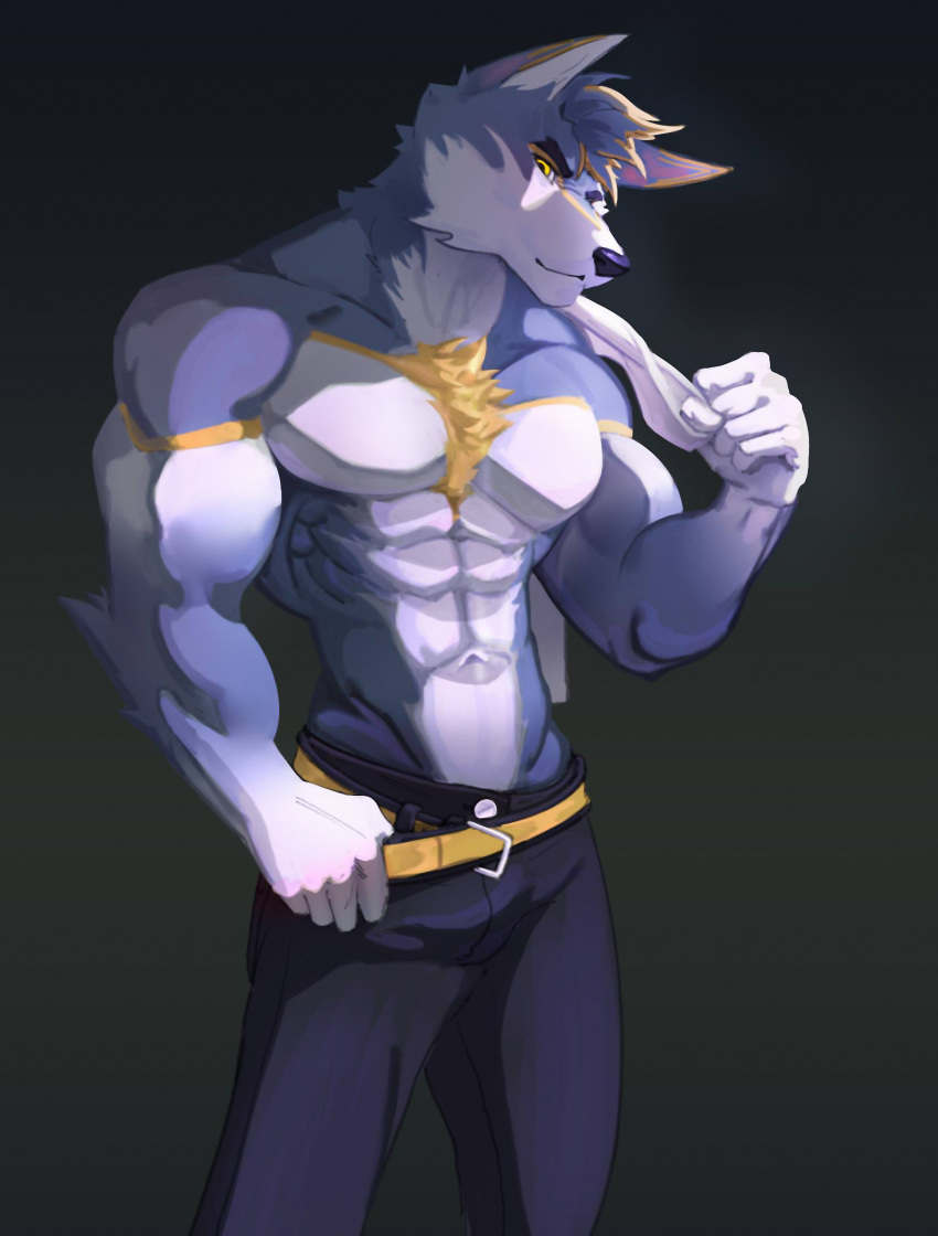 abs agonylight anthro biceps big_muscles black_fur bulge canine cellphone claws clothed clothing fur hi_res kemono looking_at_viewer male mammal muscular muscular_male necktie outside pants pecs phone solo topless white_fur wolf yellow_eyes