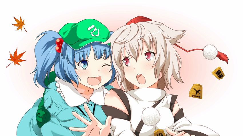 board_game hat highres inubashiri_momiji kawashiro_nitori kawazuishi leaf maple_leaf multiple_girls one_eye_closed open_mouth shougi smile tokin_hat touhou two_side_up