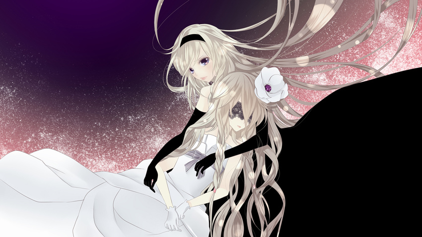 2girls bad_id bad_pixiv_id black_dress black_vs_white blonde_hair braid covered_eyes dress dual_persona elbow_gloves flower gloves gown hair_flower hair_ornament hairband holding ia_(vocaloid) lace long_hair multiple_girls purple_eyes single_braid time_paradox twin_braids vocaloid white_dress