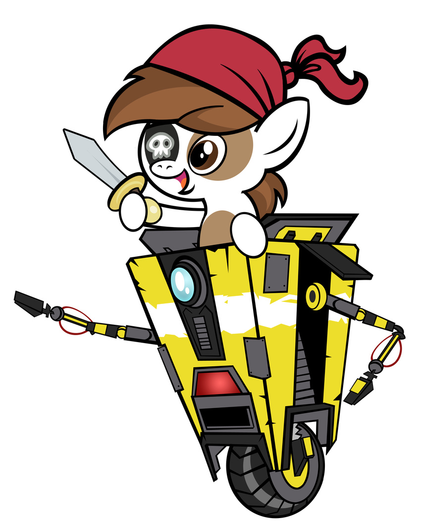 alpha_channel borderlands brown_eyes claptrap cub equine eye_patch eyewear friendship_is_magic hi_res horse invalid_tag machine male mammal mechanical my_little_pony pipsqueak_(mlp) pixelkitties plain_background pony robot skull solo sword transparent_background weapon wheel young