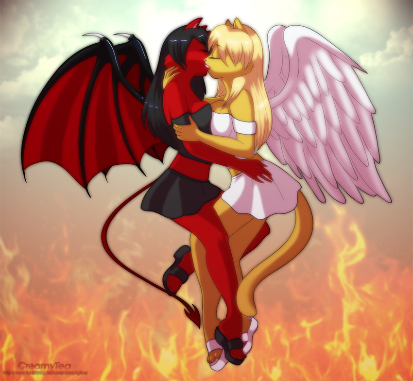 angel_wings angelina_onyx big_breasts black_hair blonde_hair blouse breast_squish breasts cat creamytea cuddling deity demon demon_on_angel demon_wings devil_tail duo eyes_closed feline female flying french_kiss goddess hair kissing lesbian love mammal miniskirt natasha_onyx red_body sandals side_view simple_background skirt spade_tail succubus wings yellow_body