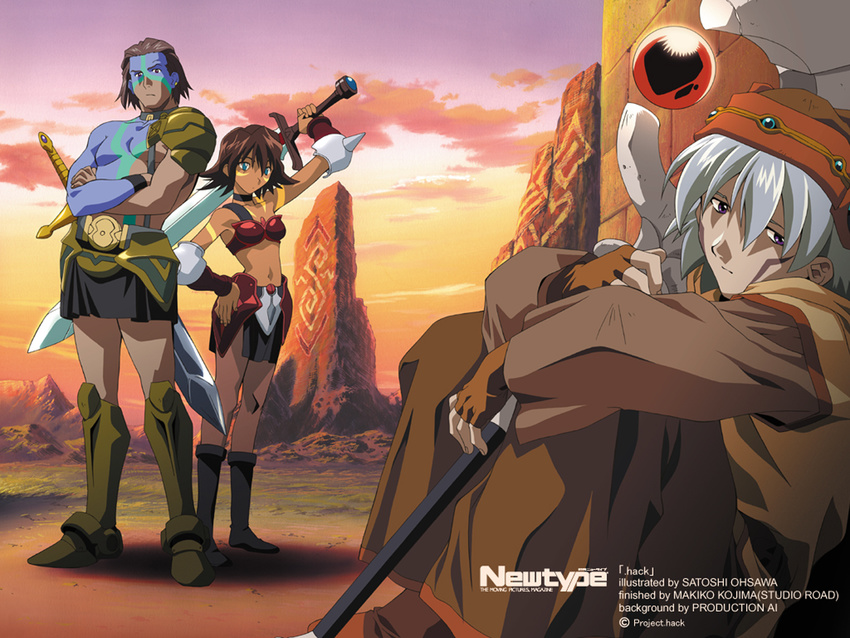 .hack//sign 1girl 2boys artist_request bear_(.hack//) height_difference mimiru_(.hack//) multiple_boys pantyhose scan staff sword tsukasa_(.hack//) weapon