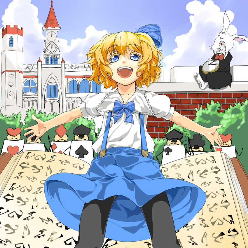:d album_cover alice_in_wonderland alice_margatroid alice_margatroid_(pc-98) bad_id bad_pixiv_id black_legwear blonde_hair blue_eyes blush book bow bunny card cover hair_bow hair_ribbon hairband highres kamo_(yokaze) lance open_mouth outstretched_arms pantyhose parody pocket_watch polearm ribbon short_hair skirt smile suspenders teeth touhou touhou_(pc-98) watch weapon white_rabbit