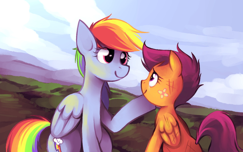 blue_fur cub cutie_mark duo equine eye_contact female feral friendship_is_magic fur hair horse karzahnii mammal multi-colored_hair my_little_pony orange_fur outside pegasus pony purple_eyes purple_hair rainbow_dash_(mlp) rainbow_hair scootaloo_(mlp) sky smile tears wings young