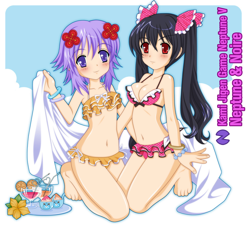 bangle bikini black_hair bow bracelet breasts character_name dogoo hair_bow hair_ornament highres jewelry kami_jigen_game_neptune_v leonard_liew long_hair multiple_girls navel neptune_(choujigen_game_neptune) neptune_(series) noire purple_eyes purple_hair red_eyes romaji short_hair swimsuit twintails very_long_hair