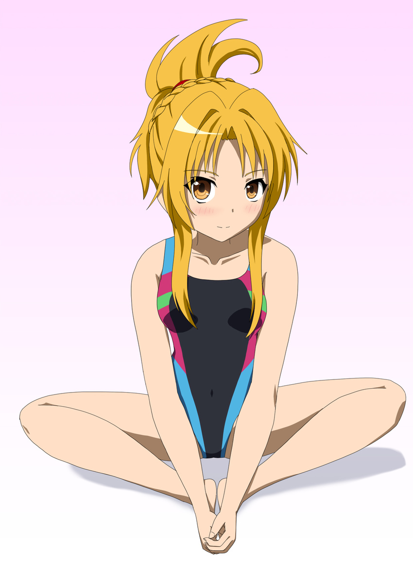 blonde_hair brown_eyes butterfly_sitting competition_swimsuit contemporary highres hoshino_sora oda_nobuna oda_nobuna_no_yabou one-piece_swimsuit sitting swimsuit