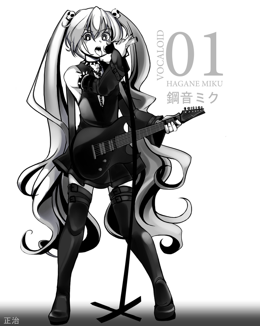 absurdres armlet bad_deviantart_id bad_id bare_shoulders boots braid chain_necklace collar detached_sleeves electric_guitar guitar hagane_miku hagane_vocaloid hair_ornament hatsune_miku highres ibanez instrument long_hair microphone microphone_stand monochrome nail_polish shoji-ikari skirt skull_hair_ornament solo spiked_collar spikes thigh_boots thigh_strap thighhighs tongue tongue_out twin_braids very_long_hair vocaloid zettai_ryouiki