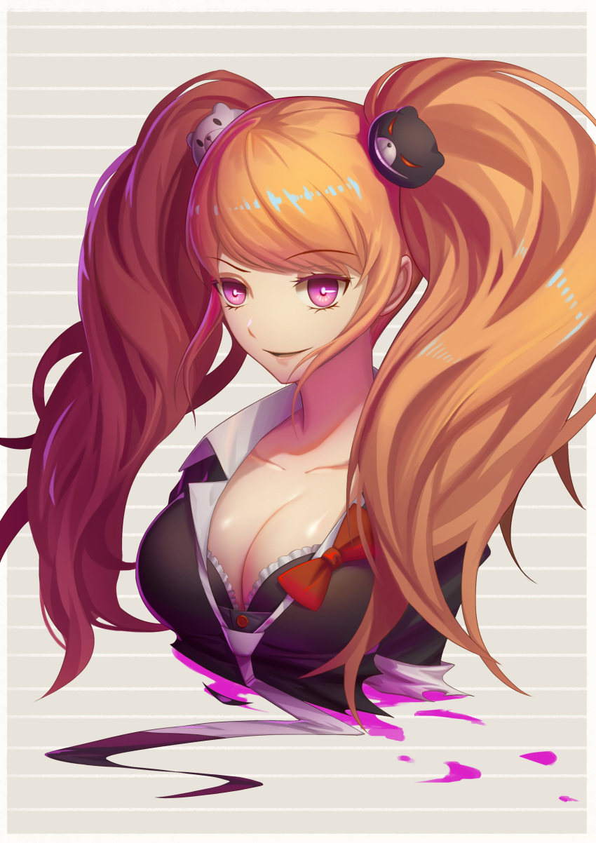1girl absurdres alternate_eye_color bangs bear_hair_ornament black_bra black_shirt blonde_hair blood bra breasts cleavage collarbone commentary_request danganronpa enoshima_junko eyebrows_visible_through_hair gy_(l964625780) hair_ornament highres large_breasts long_hair looking_at_viewer necktie no_arms out_of_frame pink_blood pink_eyes red_ribbon ribbon school_uniform shirt sleeves_rolled_up smile solo striped striped_background twintails underwear