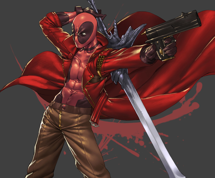 1boy capcom cosplay dante_(cosplay) deadpool devil_may_cry gun highres marvel mask pants sumiobunnya sword weapon