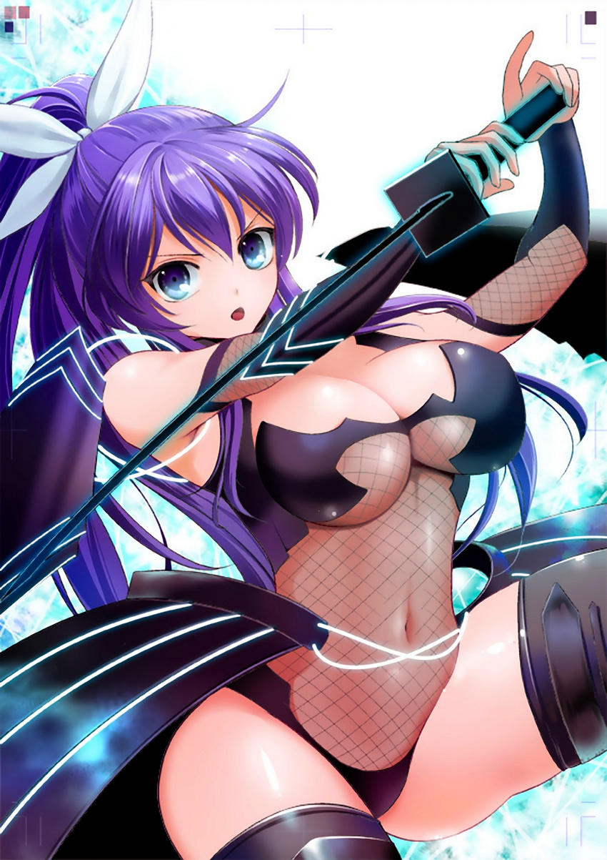 :o bare_shoulders black_legwear blue_eyes bow breasts cleavage cover edamame elbow_gloves fishnets fuyunagi_rindou gloves hair_bow highres large_breasts long_hair looking_at_viewer navel ninja ponytail purple_hair see-through solo sword thighhighs weapon yogakure