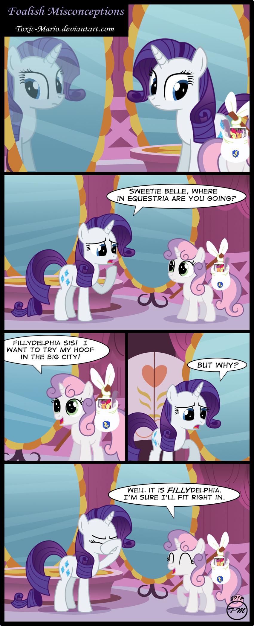 blue_eyes comic cub cutie_mark dialog dialogue english_text equine eyes_closed facepalm female feral friendship_is_magic fur green_eyes hair horn horse humor inside mammal mirror my_little_pony photo pony pun purple_hair rarity_(mlp) sweetie_belle_(mlp) text toxic-mario two_tone_hair unicorn white_fur wood young