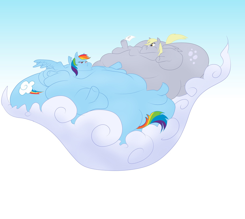 blonde_hair butt cloud cutie_mark derpy_hooves_(mlp) duo equine female feral friendship_is_magic giant hair horse immobile letter mammal multi-colored_hair my_little_pony overweight pegasus pony rainbow_dash_(mlp) rainbow_hair wings