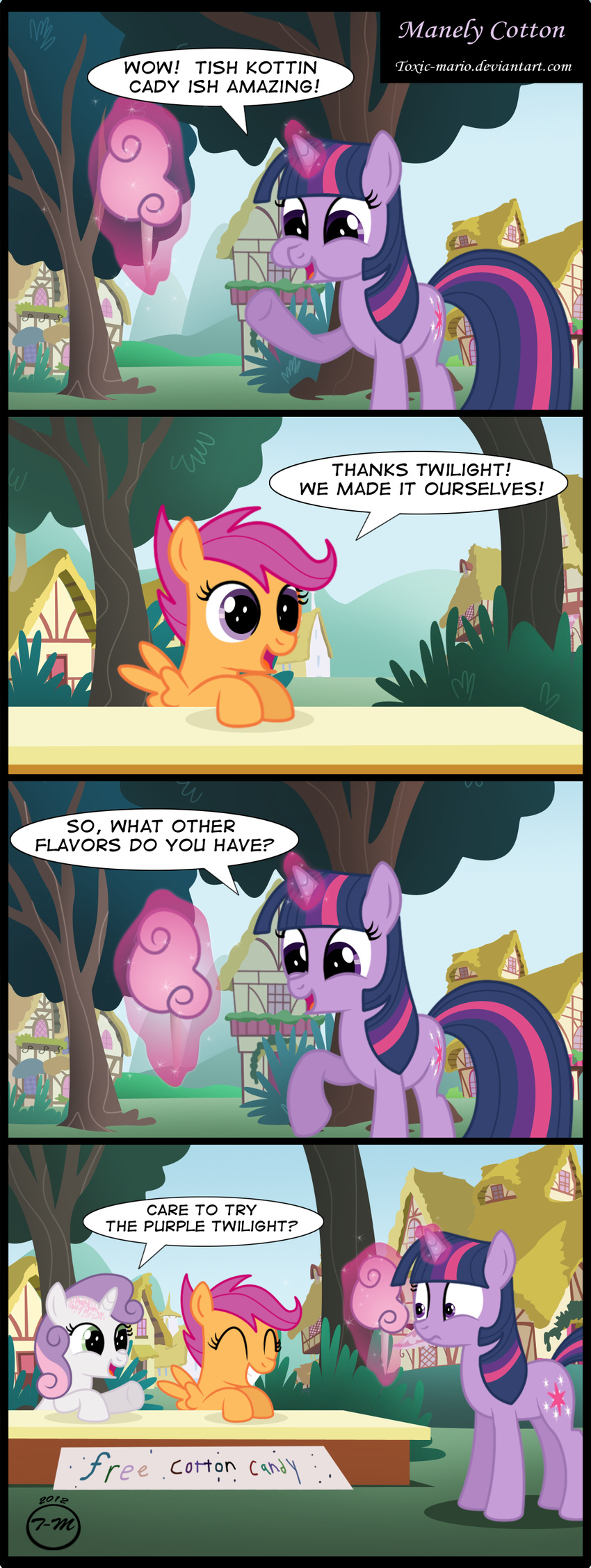 comic cotton_candy cub cutie_mark dialog dialogue eating english_text equine eye_closed eyes_closed female feral friendship_is_magic fur green_eyes group hair horn horse magic mammal my_little_pony open_mouth orange_fur outside pegasus pink_hair pony purple_eyes purple_fur purple_hair scootaloo_(mlp) sky smile sweetie_belle_(mlp) text toxic-mario tree twilight_sparkle_(mlp) two_tone_hair unicorn white_fur wings wood young