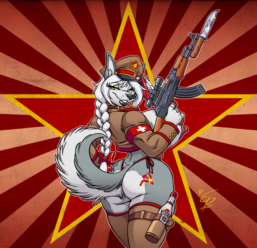 ak-47 akita_stromfield alcohol amber_eyes anthro belt beverage big_breasts big_butt big_nipples black_lips black_nose blue_eyes boots bottle bow braid breasts butt canine clothed clothing communism dog eltonpot feather female fur grey_fur gun hair hammer_and_sickle hat herm heterochromia huge_breasts husky intersex jacket knife legwear lips long_hair looking_at_viewer looking_back mammal nipples panties pose ranged_weapon rifle russian side_boob smile solo soviet standing stockings tattoo thigh_high_boots thigh_highs thighs thong underwear uniform vodka voluptuous weapon white_fur white_hair wide_hips