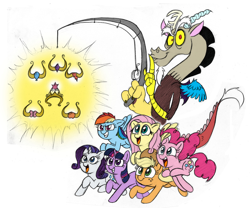 blonde_hair blue_eyes blue_fur cowboy_hat cutie_mark discord_(mlp) draconequus elements_of_harmony equine female feral fishing_rod fluttershy_(mlp) friendship_is_magic fur green_eyes group hair hat horn horse male mammal mickeymonster multi-colored_hair my_little_pony open_mouth orange_fur pegasus pink_fur pink_hair pinkie_pie_(mlp) plain_background pony purple_eyes purple_fur purple_hair rainbow_dash_(mlp) rainbow_hair rarity_(mlp) smile twilight_sparkle_(mlp) two_tone_hair unicorn white_background white_fur wings yellow_eyes yellow_fur