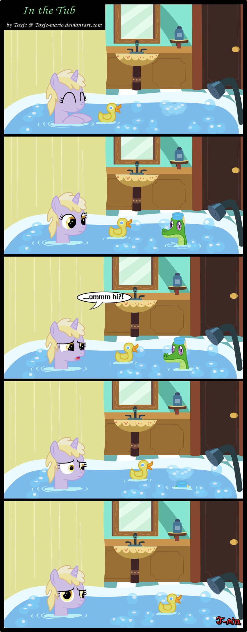 amber_eyes bathtub blonde_hair bubble bubbles comic cub cutie_mark derp dinky_hooves_(mlp) door english_text equine female feral friendship_is_magic fur green_scales grey_fur gummy_(mlp) hair horn horse inside male mammal mirror my_little_pony pony purple_eyes reptile rubber_duck scalie snorkel text toxic-mario unicorn wood young