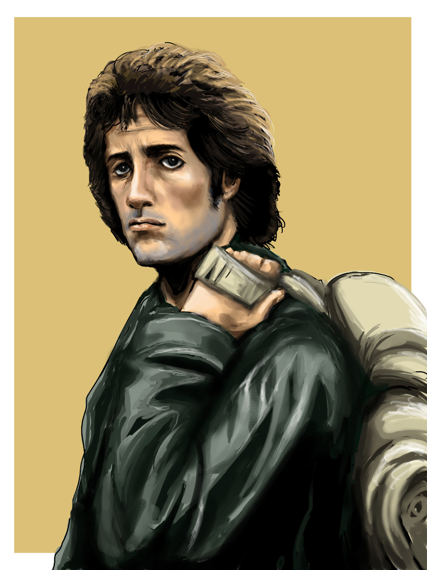 80s bag black_hair brown_hair highres jacket john_rambo lips long_hair male_focus manly military military_uniform oldschool rambo realistic sad sideburns soldier solo sylvester_stallone uniform veteran