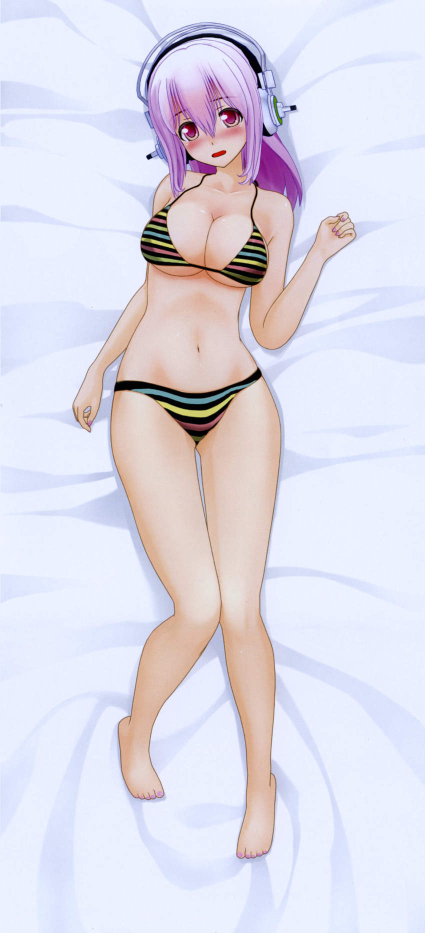 absurdres artist_request bed bikini black_bikini blanket blush breasts dakimakura full_body headphones highres knees_together_feet_apart large_breasts long_hair looking_at_viewer lying multicolored multicolored_stripes nitroplus official_art on_back on_bed parted_lips pink_hair red_eyes scan side-tie_bikini solo striped striped_bikini super_sonico swimsuit