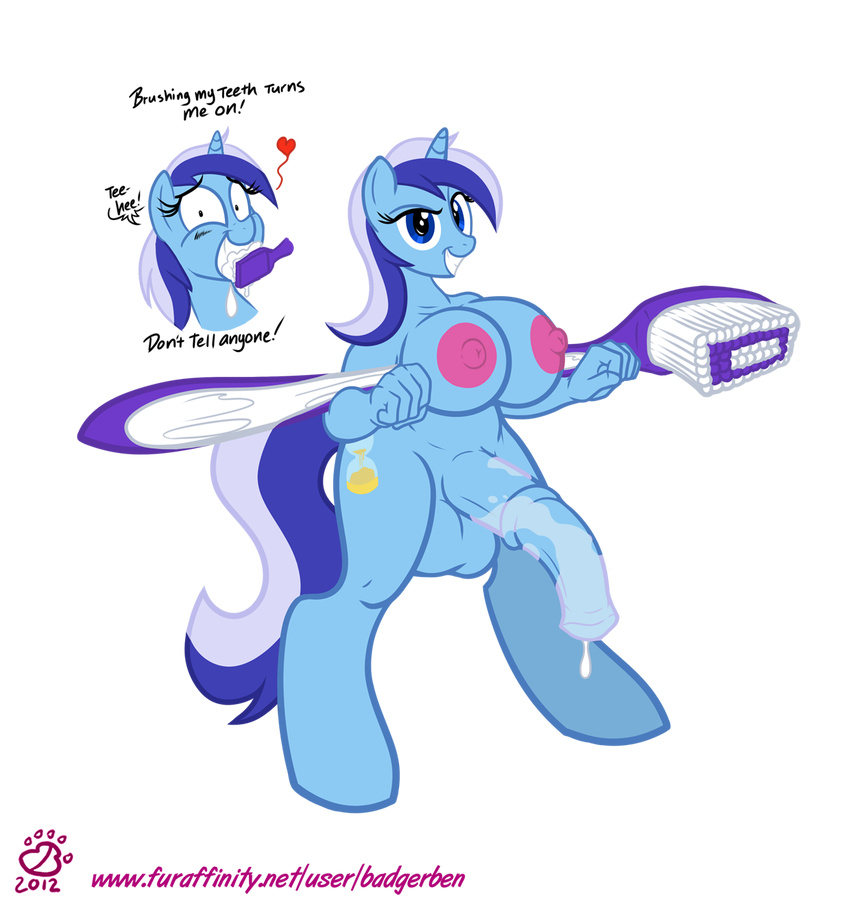 &lt;3 anthro anthrofied areola badgerben balls big_balls big_breasts big_penis blue_eyes blue_hair blush breasts colgate_(mlp) cum cutie_mark dickgirl english_text equine fingers friendship_is_magic hair herm hooves horn horse huge_breasts intersex mammal my_little_pony nipples nude overweight penis pony pose smile text toothbrush