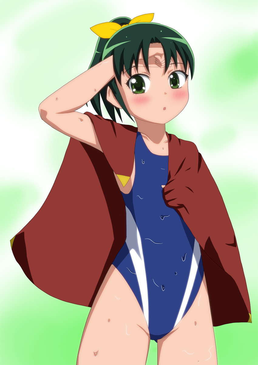 competition_swimsuit green_eyes green_hair highres hoshino_sora midorikawa_nao one-piece_swimsuit ponytail precure short_hair smile_precure! solo swimsuit towel wet