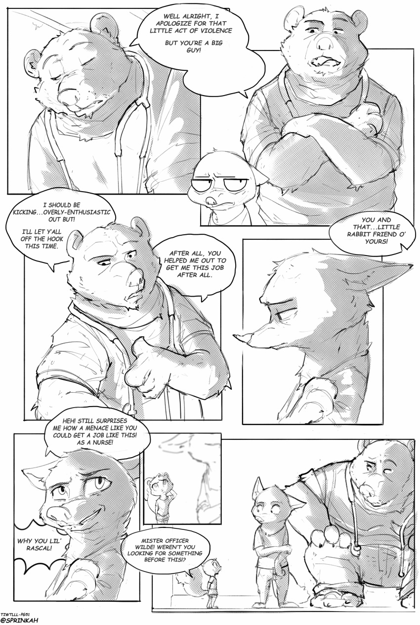 2018 absurd_res anthro barefoot bear canine clothed clothing comic crossed_arms dialogue disney english_text fox greyscale group hi_res male mammal monochrome nick_wilde rodent screentone speech_bubble sprinkah squirrel stethoscope text zootopia