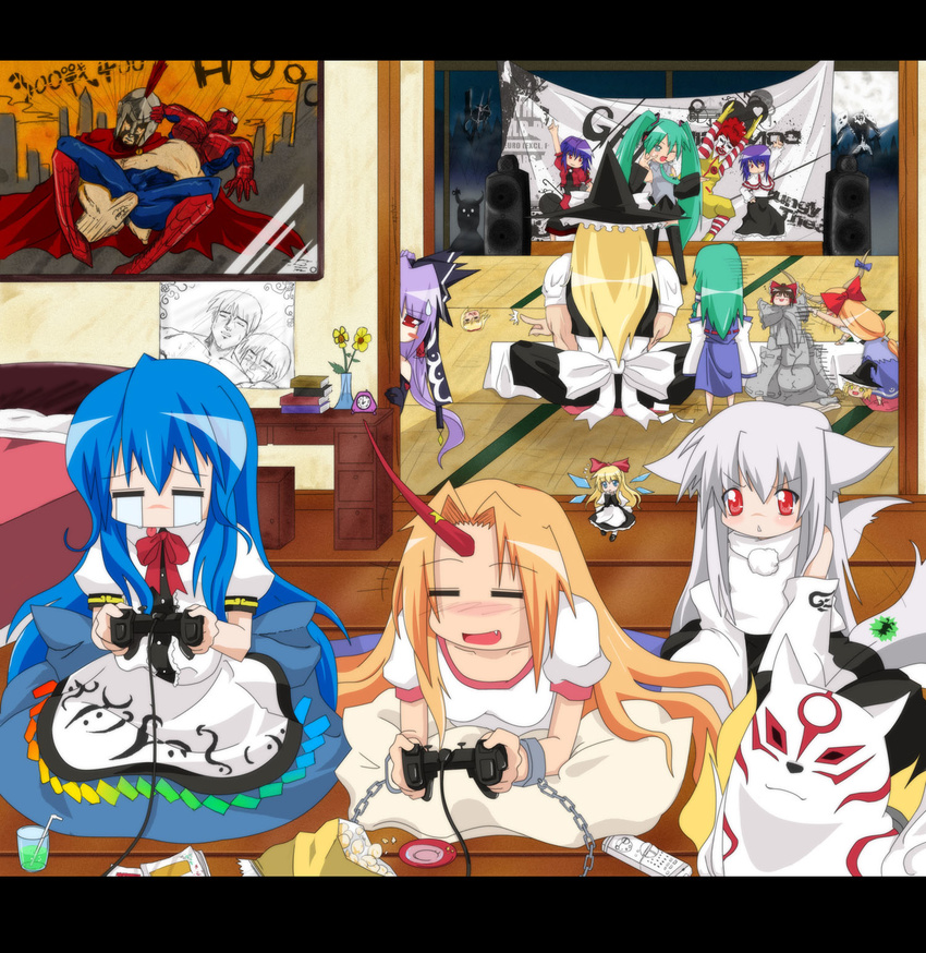 6+girls \m/ alice_margatroid amaterasu anal anal_fisting angel_(evangelion) annotation_request auer bad_id bad_pixiv_id blonde_hair blue_hair bulge cho_marisa controller crossover dualshock eva_01 everyone ex-keine fisting game_console game_controller gamepad hakurei_reimu hatsune_miku highres hinanawi_tenshi horn horns hoshiguma_yuugi ibuki_suika inubashiri_momiji kamishirasawa_keine kirisame_marisa kochiya_sanae kuso_miso_technique leonidas letterboxed lucky_star marvel mcdonald's meimu multiple_girls nagae_iku neon_genesis_evangelion ookami_(game) parody party playing_games playstation_2 ronald_mcdonald sachiel saturday_night_fever shanghai_doll spider-man spider-man_(series) style_parody touhou video_game vocaloid what yaoi yaranaika yasaka_kanako yukkuri_shiteitte_ne