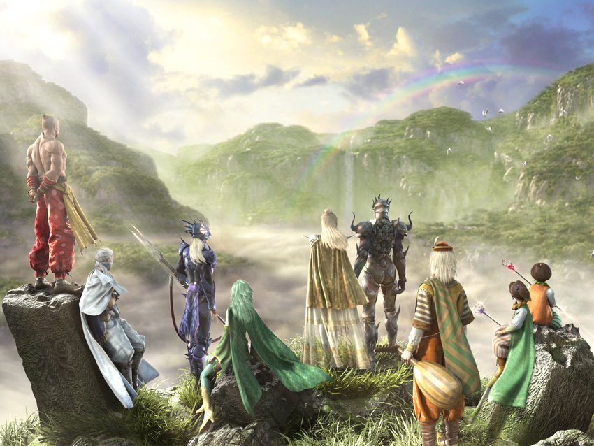 3girls 6+boys brother_and_sister cain_highwind cecil_harvey cloud day everyone final_fantasy final_fantasy_iv gilbart_chris_von_muir mountain multiple_boys multiple_girls nature official_art older outdoors palom porom rainbow rosa_farrell rydia siblings sky water waterfall yang_fang_leiden