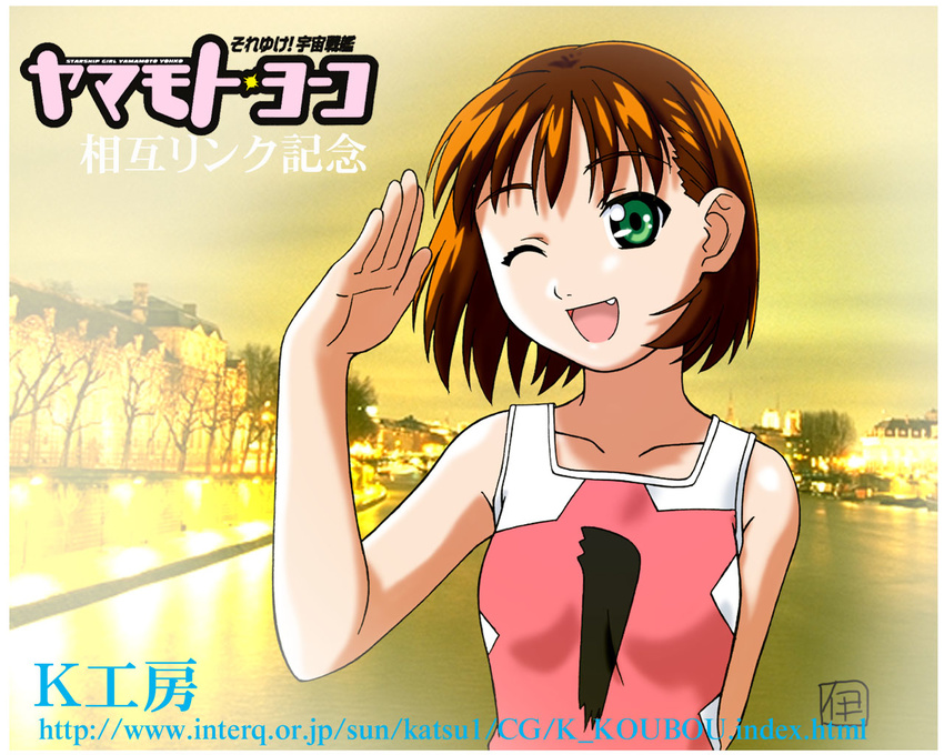 fang itou_katsunobu one_eye_closed salute solo soreyuke!_uchuu_senkan_yamamoto_youko wallpaper yamamoto_youko