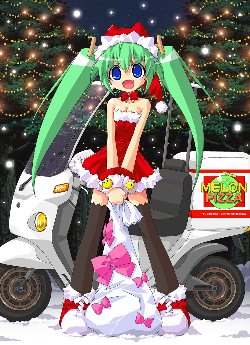 bare_shoulders blue_eyes christmas dress green_hair hat highres kazakami_shun long_hair melon-chan melonbooks ribbon santa_costume solo strapless strapless_dress thighhighs twintails