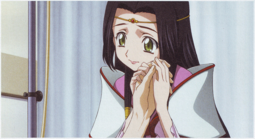 black_hair code_geass code_geass:_lost_colors green_eyes highres long_hair scan scan_artifacts screencap solo sumeragi_kaguya tears