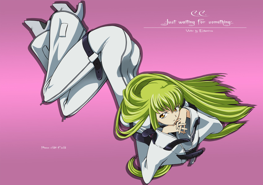 bangs bellbottoms bodysuit c.c. code_geass green_hair highres long_hair solo vector_trace white_bodysuit yellow_eyes